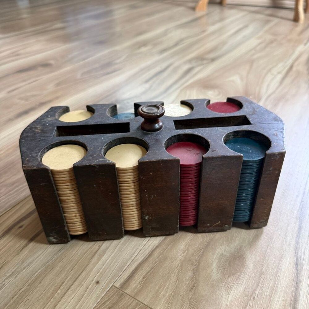 Lot of Vintage Clay Plain Poker Chips with Wood Carousel